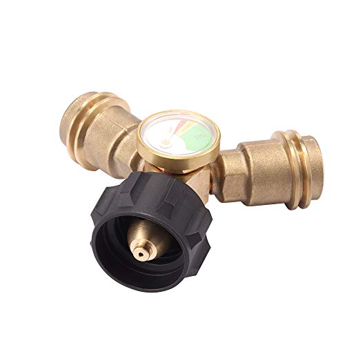 Champs Propane Y-Splitter Tee Adapter Connector with Propane Tank Gauge Level Indicator Leak Detector Gas Pressure Meter, QCC Female 1 and QCC Male 2