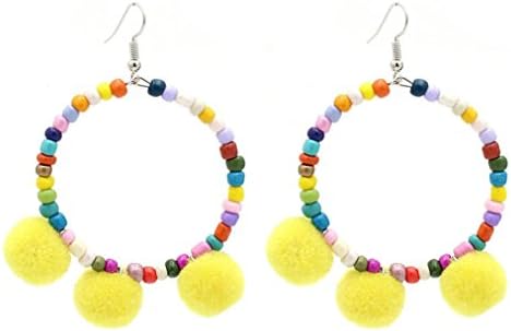 Featurestop Women Fashion Vintage Ethnic Style Luxury Big Hoop Pompon Elegant Colorful Weave Tassel Earrings Long Drop Earrings Jewelry (Yellow)