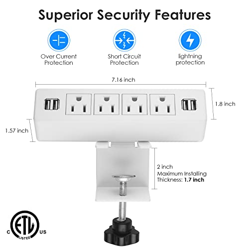 ANNQUAN Desktop Clamp Power Strip with 4 USB Ports,Desk Mount Power