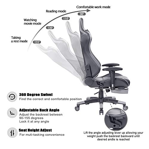 Blue Whale Gaming Chair PC Computer Chair with Footrest Ergonomic Video Game Chair High Back Racing Gamer Chair Reclining Leather Office Chair with Headrest and Lumbar Support (8192Grey) - Thumbnail 2
