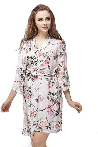 Skyfitting Women's Cotton Kimono Robe, Short Bridesmaid Robe Regular Size / 36" Length White