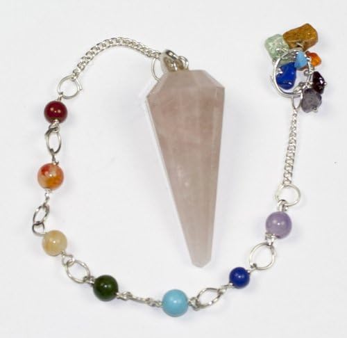 12 Faceted Gemstone Crystal Pendulum with Seven Chakra Stone Chain (Rose Quartz)
