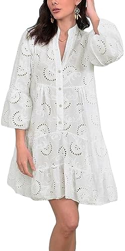 eyelet lace up tight waist shirt dress EYELET SHIRT DRESS White / Medium