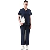 Leaddol Scrubs for Women Set Modern V Neck Scrub Top & Cargo Pants Nursing Scrubs with 6 Pockets