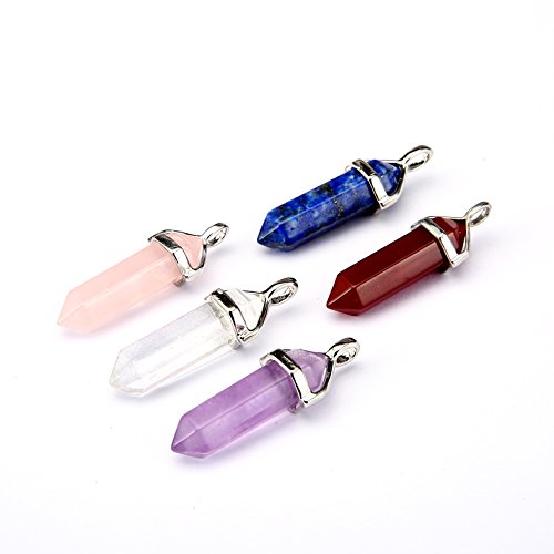 BRCbeads Nice Faceted Clear Crystal+Purple Amethyst+Rose Quarts+Blue Lapis+Red Agate Healing Point Chakra Pendant 39x8mm 5pcs per Bag for Necklace Making