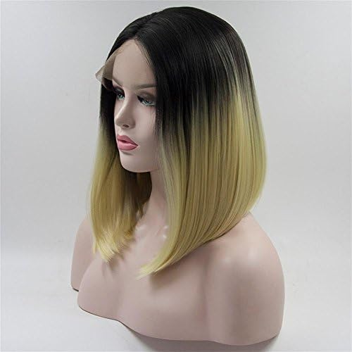 OOARGE Wig Woman Short Bob Golden gradient color Straight Hair Front Lace High Temperature Wig Rose Net Head Sets , photo , 16in
