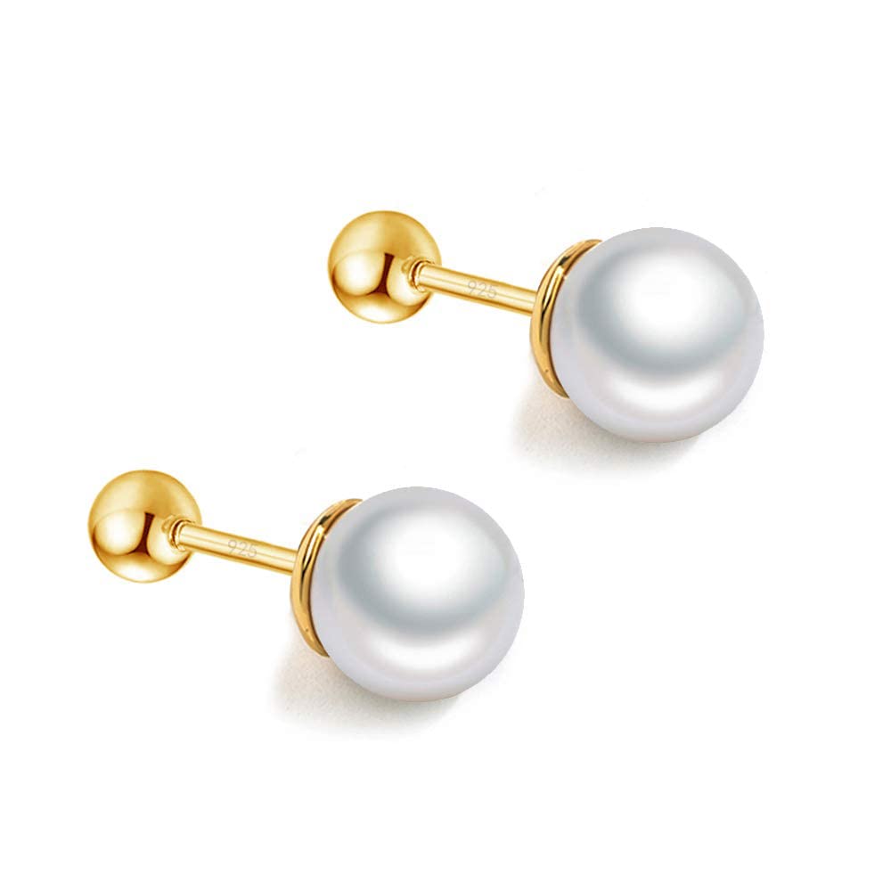 Simulated Pearl Stud Earrings for Women Girls 925 Sterling Silver Screw Back Helix 20G Barbell Piercing Sleeper Cartilage Tragus Earring Dainty Freshwater Jewelry Hypoallergenic Gift Birthday (6.5mm)