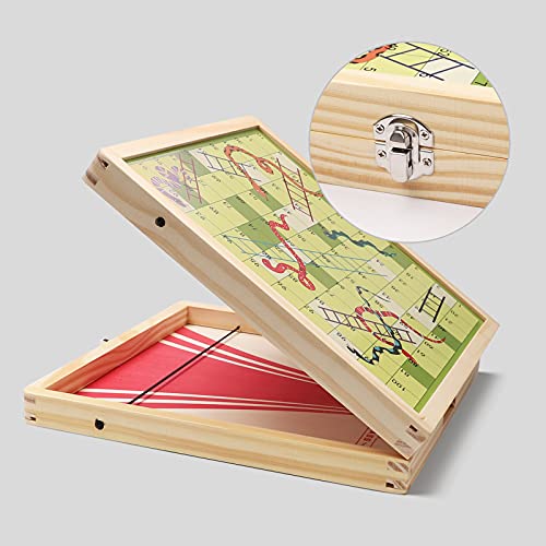 3-in-1 Chess Board Set, Foldable Large Size Sling Puck Game, Table Top Snake and Ladder Board Game, Foosball Winner Wooden Game Toy for Adults Kids Family