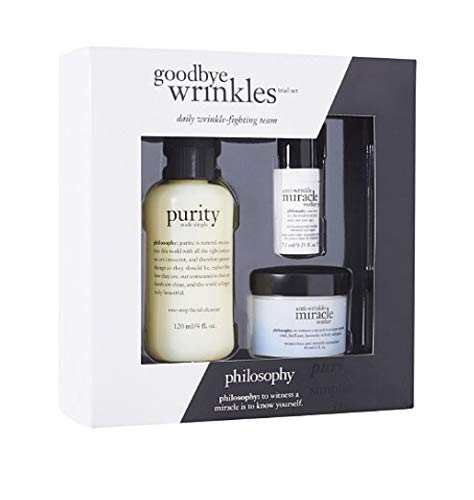 Philosophy Goodbye Wrinkles Trial Set By Philosophy for Unisex – 3 Pc Set 4oz Purity Made Simple, 1oz Anti-wrinkle Miracle Worker, 0.25oz Anti-wrinkle Miracle Worker Eye, 3count