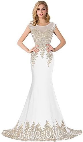 Babyonline Floor Length Evening Dress Lace beads Cap Sleeve Party Prom gowns,white,size:10