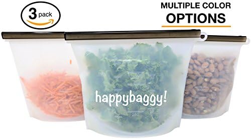 HappyBaggy Eco-Friendly Reusable Food Storage Bags, CLEAR QUART SIZE 3 PACK - BPA-Free FDA Food Grade Silicone Bags - Great Eco Zip Bags, Reusable Baggies, Eco Sandwich Bags, Lunch Bags, Freezer Bags