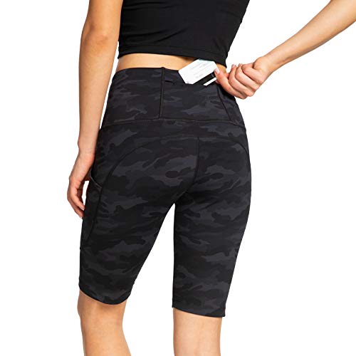 Running Shorts for Women High Waist Pants Yoga Leggings Biker Workout Shorts with 3 Pockets Regular Plus Size (Camo Black Ash M)