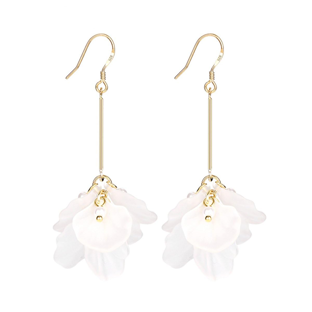 Mecool White Petals Flower Dangle Earrings Long Drop Earrings Faux Pearl Synthetic Resin Petals Drop Earring