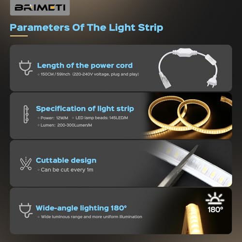BRIMETI LED Strip 220 V 20 m Natural White 4000 K Waterproof Light IP65 High Brightness 145 LEDs S/M Flexible LED Tape Cuttable for Indoor Kitchen Garden Outdoor Party Decoration