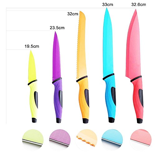 Knife Set, QcoQce 5 Kitchen Knives with 5 Knife Sheath Covers, Chef Knife Sets with Carving Serrated Utility Chef's and Paring Knives - Colored Knife Set FDA Approval (Kitchen Knife)