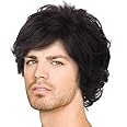 Acecharming Men Black Wig, Short Wavy Shaggy Style Layered Wig for Halloween Costumes Cosplay with Wig Cap