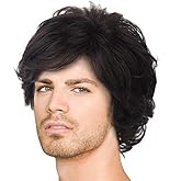 Acecharming Men Black Wig, Short Wavy Shaggy Style Layered Wig for Halloween Costumes Cosplay with Wig Cap