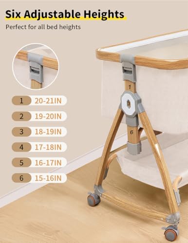 Baby Bassinet, Bedside Bassinet for Baby, 4 in 1 Portable Bedside Sleeper with Wheels Mosquito Net & Storage Basket, 6 Height Adjustable Rocking Bassinet for Newborn Baby