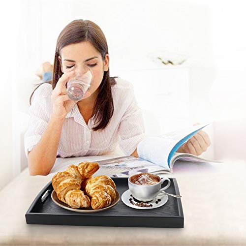 SILILUN Serving Tray Black Wood Tray Wooden Platter with Handle Easy Arrangement Breakfast Food Tray 15.7 x 11 x 1.57