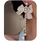 Wekicici Tassel Bow Pearl Earrings Boho Lightweight Dangle Pearl Drop Long Bar Earrings Silver Stud Hoops Earrings for Women