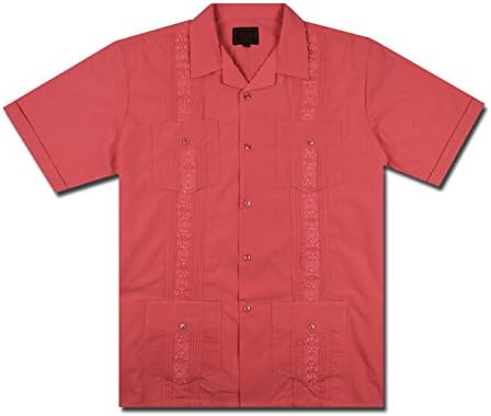 New Guayabera Men's Cuban Style Bartender Wedding Button up Casual Dress Shirt / Coral (XL)