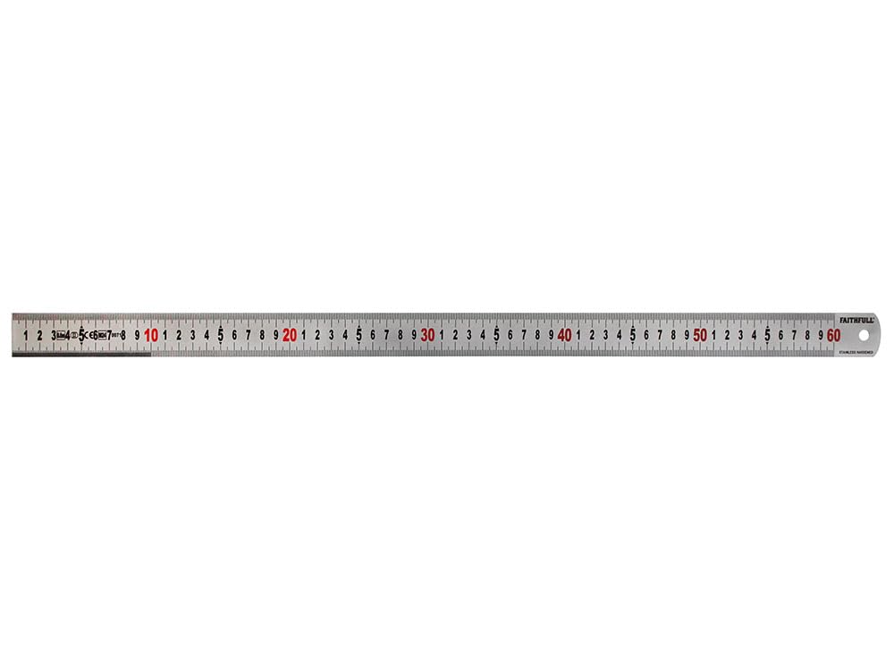 Faithfull Measuring Rule 600mm (24 Inch) – Matt Silver Stainless Steel Ruler with Clear Metric Graduations & Hanging Hole
