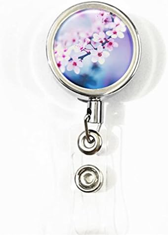 RhyNSky Pink Cherry Blossoms Business ID Card Name Tag Retractable Badge Holder Reel with Belt Clip, Silvery, C1461