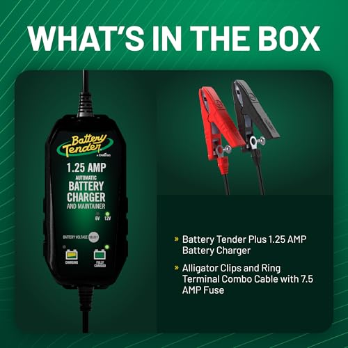 BATTERY TENDER PLUS 12V 1.25 AMP BATTERY CHARGER AND MAINTAINER: FULLY SELECTABLE 6V OR 12V BATTERY CHARGER AND MAINTAINER FOR POWERSPORTS ATVS, MOTORCYCLES, SNOWMOBILES, AND MORE – 022-0211-DL-WH
