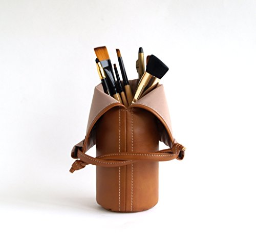 Travel Makeup Brush Holder Handmade Vegan Bag Faux Leather Pouch Brown Makeup Organizer Makeup Brush Storage Cosmetic Bag Brush Case Cosmetic Cup with Lid - Thumbnail 4