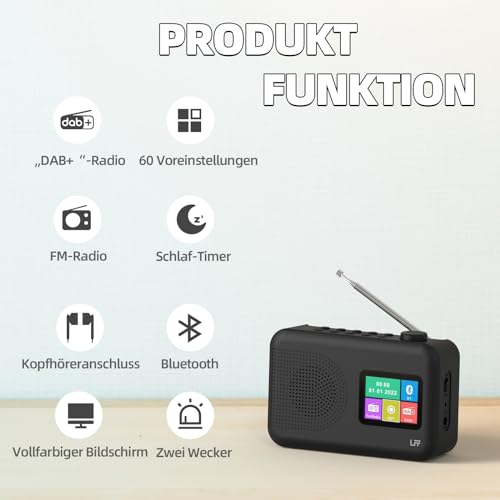 LFF Digital Radio DAB Small Digital FM Radio with DAB+ and Bluetooth, Colour Display, Battery or Cable Function - Black