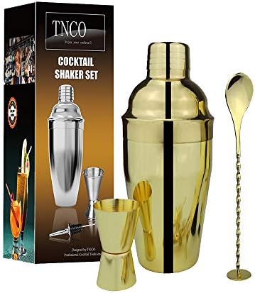 TNCO Cocktail Shaker Set Gold, Bartender Set Gold Includes: Drink Shaker with Cocktail Strainer, 0.5/1 OZ Jigger, Mixer Spoon (Gold, 26OZ(750ml))