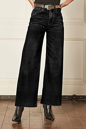 PEIHOT WOMENS RAW HEM WIDE LEG JEANS BLACK MID WAISTED STRAIGHT LEG JEANS DISTRESSED DENIM PANTS 2023 TRENDY