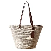 Purefire Women Reusable Shopper Bag & Organizer Straw Beach Tote Bag Shoulder or Top-Handle Handbag for Beach Vacation/Baby/Outdoor Activities