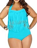Papaya Wear Women's Retro High Waist Braided Fringe Top Bikini Swimwear Plus Size,Blue ,Large