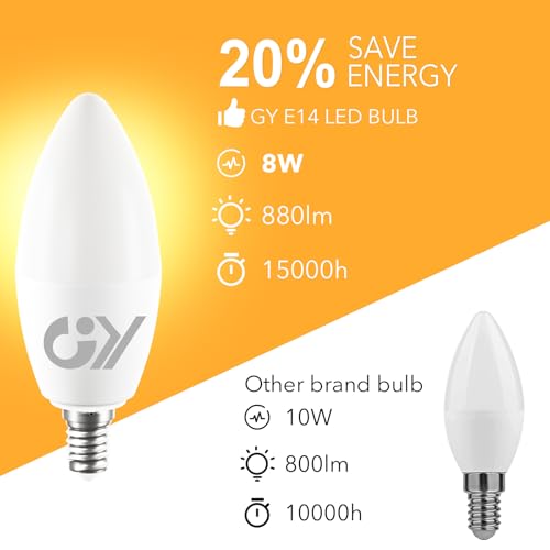 GY E14 LED Bulb Warm White 8W 3000K 880 Lumens, E14 LED C37 Candle Bulbs with Fine Thread, Not Dimmable – Class C Low Consumption, 12 Pieces