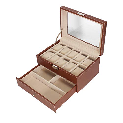 GUKA Watch Box 10 Slot Watch Display Organizer Leather Jewelry Case Drawer Glass Top Lockable, Birthday for Men Women, Child Husband Dad - Thumbnail 6