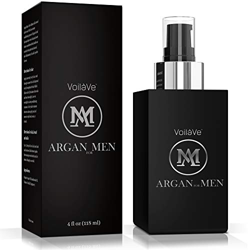 VoilaVe Argan Man Skin, Hair, Beard, and Body Oil for Men - USDA Certified Organic Argan Oil Plus Sandalwood for Natural Anti-Graying - Masculine Scent - Easy Pump Bottle - 4 fl oz. (The Best Hair Oil For Men)