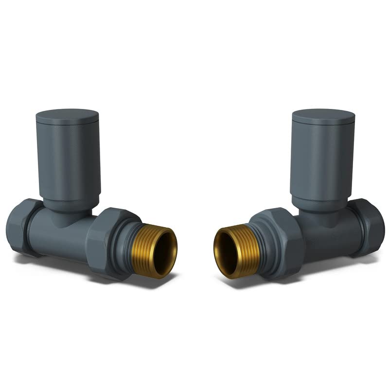 UK Radiators Round Anthracite Radiator Valve Pair - Anthracite Matt Finish - Classy and Modern Design - 1/2" x 15mm Straight Radiator Valve Pair