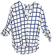 White and Blue Chekered V-Neck Crepe Long Back Chiffon Blouse (XL, MB2079BT)