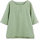 Minibee Women's 3/4 Sleeve Cotton Linen Jacquard Blouses Top T-Shirt