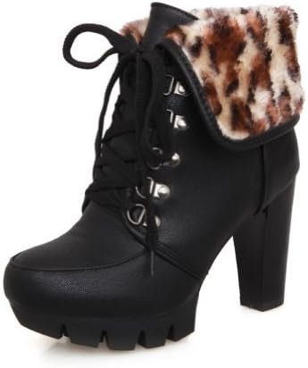 BeanFashion Womens Close Round Toe Platform Leopard Pattern Lace-up Closure Chunky Heels Ankle High Boots, Black, 8 B(M) US