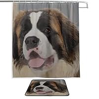 RH Studio Shower Set of 2 St Bernard Face Tongue Mouth Lifeguard Shower Curtain and Mat Set Waterproof Fabric Bathroom Curtain and Rug Set with Hooks