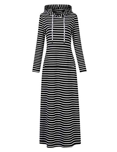 GloryStar Women Long Sleeve Pullover Stripe Pocket Slim Sweatshirt Casual Hoodie Dress Hooded Sweater Dresses (S, Black-White-Long)