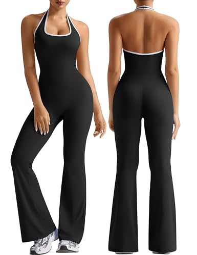 EUYZOU Women Workout Jumpsuit with Bra One Piece Contrast Halter Backless Yoga Outfit Flare Leggings Romper, Black S at Amazon