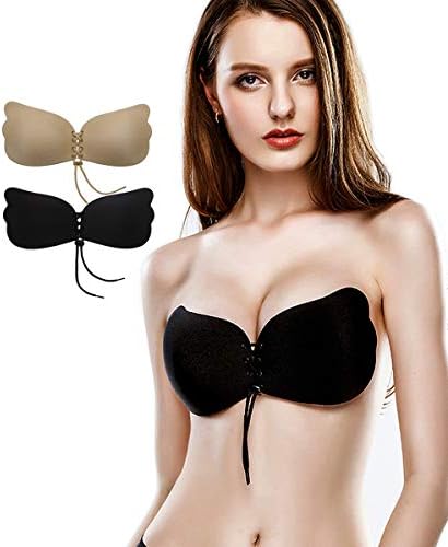 Bujui Strapless Backless Bra Self Adhesive Silicone Pushup Invisible Sticky Bras for Women 2 Pack