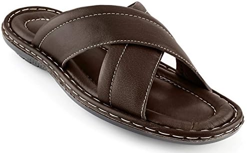 Men’s Open Toe Sandals Top Grain Leather Soft Cushion Footbed Elegant X Design Black Brown Tan Sizes 7-13