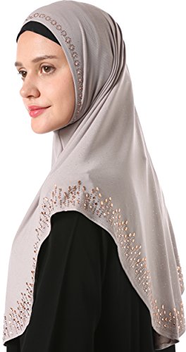 YI HENG MEI Women's Modest Muslim Rhinestones Instant Hijab Jersey Headscarf Ready to Wear Hijab,Light Gray