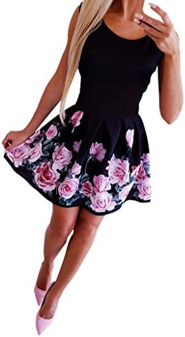 Daylin Women Sundress Summer Fashion Sundress Bohemia Soft Nice Brief Round-Necked Rose Printed Dress