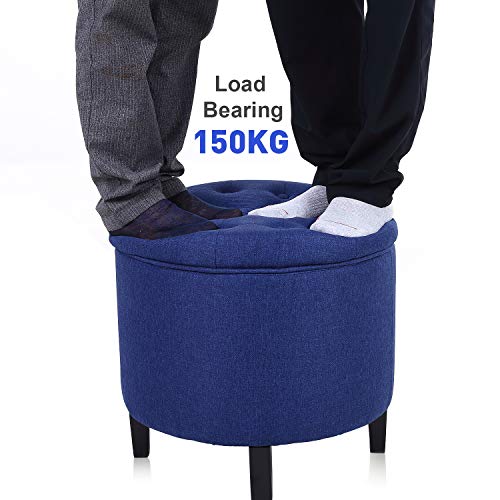 YAMASORO Fabric Cushion Button Lift Top Storage Footstool, Height 18 Inches Strudy Round Ottomans & Storage Ottomans, Blue