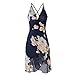 Moxeay Sexy V Neck Spaghetti Straps Back Cross Floral Print Chiffon Dress (L, Blue)